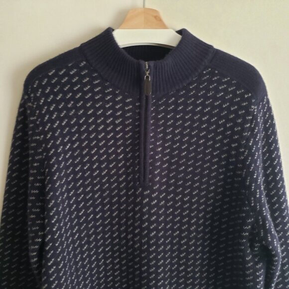 LL Bean Wool Cashmere Sweater L Mens Navy Patterned 1/4 Zip Pullover - Picture 7 of 12